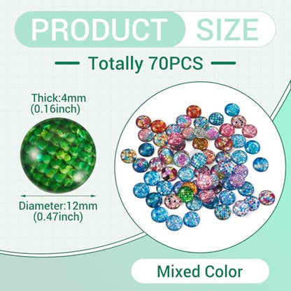 70Pcs 12mm Fish Scale Printed Glass Cabochons Mixed Colors Half Round Cameo Dome Tile Cabochon Mosaic Flatback Dome Glass Cabochon for DIY Bracelets Necklace Scrapbooking DIY Crafts