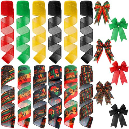12 Rolls 60 Yards Juneteenth Ribbons Wired Edge Fabric Ribbons Craft Assortment Themed Juneteenth Freedom Day Pattern Wrapping Crafts for DIY Gift Hair Sewing Wreath (12 Count)