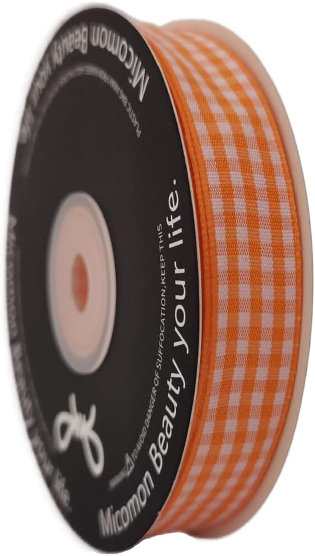 Orange Gingham Plaid Checked Ribbon 25 Yards Each Roll 100% Polyester (5/8",Orange) - Crafty Corner