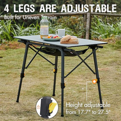 Outdoor Folding Portable Picnic Camping Table with Adjustable Height Aluminum Roll Up Table Top Mesh Layer