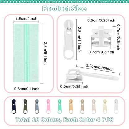31 Yards 10 Pcs Sewing Zippers #3 Nylon Coil Zippers Assorted Zipper for Sewing with 40 Zipper Sliders for DIY Tailor Sewing Crafts Supplies
