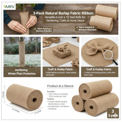 3 Pack Burlap Fabric Ribbon Natural Roll DIY (45 Foot)