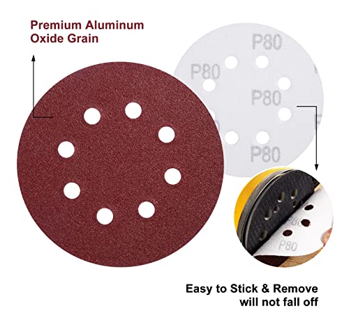 150 PCS Sanding Discs 80 Grit Hook and Loop 5 Inch 8 Hole Adhesive Sandpaper for Woodworking and Automotive (150 Count)