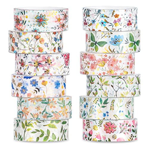 12 Rolls Spring Floral Washi Tapes Foil Gold Colorful Flowers Masking Tape 0.6 Inch Watercolor Plants Spring Decorative Washi Tape Sticker for Holiday Scrapbook Journal DIY Craft Gift Wrapping (117.6 Foot)
