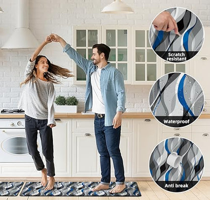 Kitchen Mats for Floor Modern Abstract kitchen rugs Grey and Blue Stripe Anti Fatigue Kitchen Mats Waterproof Floor Mats Cushioned Non