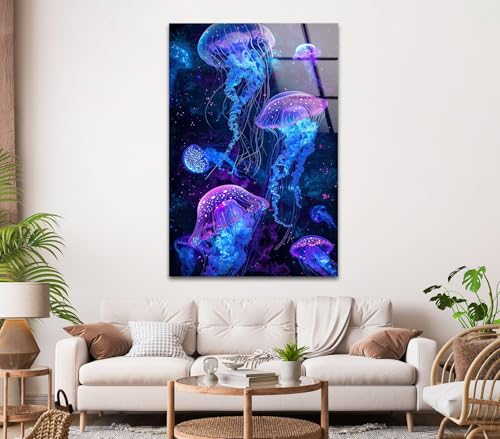 Round 31 5'' Glowing Jellyfish Glass Wall Art Tempered Glass Printing Wall Decor Large Wall Art Wall Hangings