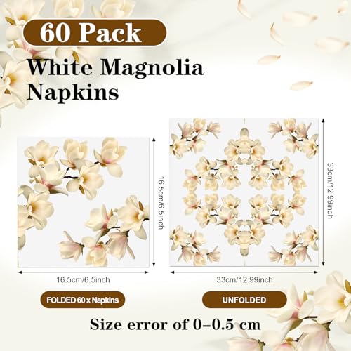 60 Pcs White Magnolia Floral Cocktail Paper Napkins 6.5 x 6.5 Inch (60 Count)