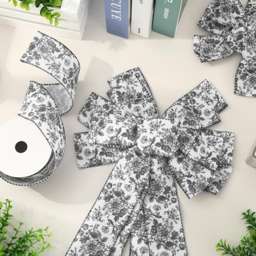 Floral Wired Edge Ribbon Black Vintage Flower Craft Ribbon Chinoiserie Decorative Fabric Ribbons for DIY Crafts Wreath Bow Making