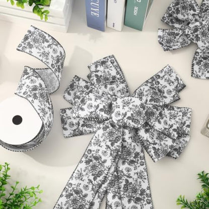 Floral Wired Edge Ribbon Black Vintage Flower Craft Ribbon Chinoiserie Decorative Fabric Ribbons for DIY Crafts Wreath Bow Making