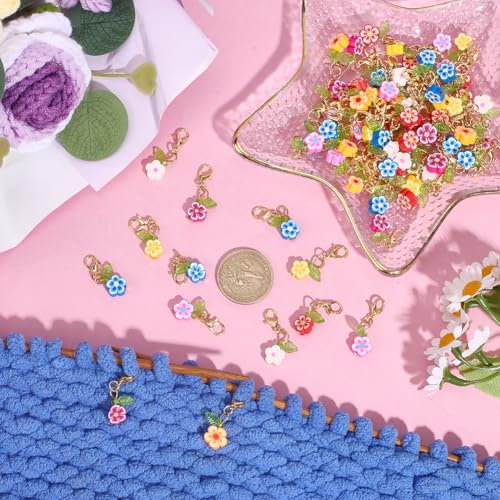 80Pcs Flower Stitch Markers Charms Handmade Polymer Clay Pendant Decorations Alloy Lobster Claw Clasps Charms Knitting Crochet Notions Clip On for Weaving Sewing Bag Ornaments (80 Count)