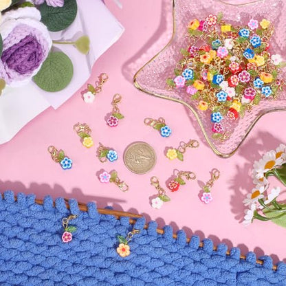 80Pcs Flower Stitch Markers Charms Handmade Polymer Clay Pendant Decorations Alloy Lobster Claw Clasps Charms Knitting Crochet Notions Clip On for Weaving Sewing Bag Ornaments (80 Count)