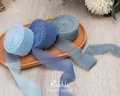 Slate Blue Chiffon Ribbon 1 Inch x 20 Yard Handmade Fringe Chiffon Silk Ribbon for Gifts Wrapping (60 Foot)