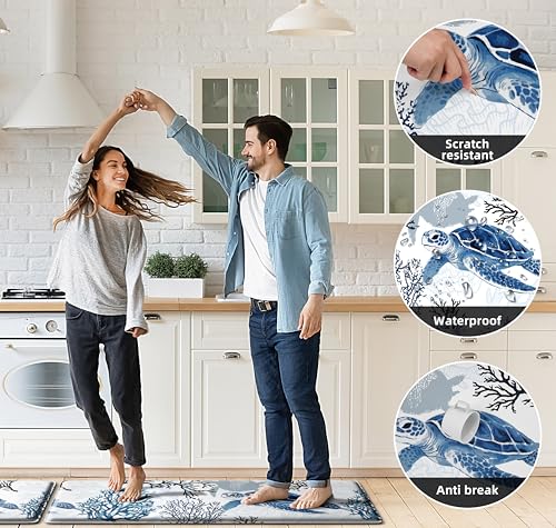 Coastal Beach Kitchen Floor Mat Rugs Nautical Decorative Coral Sea Turtle Kitchen Rugs Anti Fatigue Mats Non
