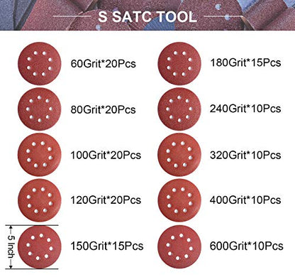 150 PCS Sanding Disc 60 80 100 120 150 180 240 320 400 600 Grit Sanding Discs 5 Inch 8 Hole Hook and Loop Sanding Discs for Random Orbital Sander (150 Count)