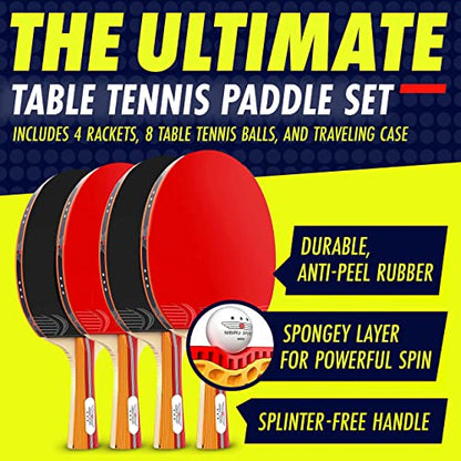 Ping Pong Paddle Set of 4 with 8 Balls & Carry Case for Table Tennis