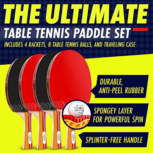 Ping Pong Paddle Set of 4 with 8 Balls & Carry Case for Table Tennis