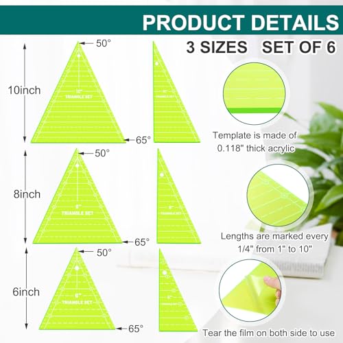 3 Set Tall Triangle Rulers for Quilting 6 8 10 Inch Wedge Triangle & Wing Quilting Rulers and Templates Acrylic Quilt Templates for Sewing Layer Cake Patchwork Cutting Pattern DIY Craft
