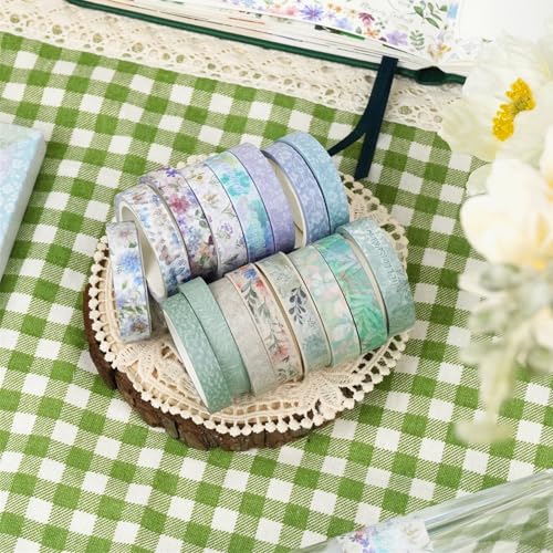 Spring Washi Tape Set 16 Rolls Flowers Printed Embellishment Green Decorative Masking Tapes for Arts (16 Count)