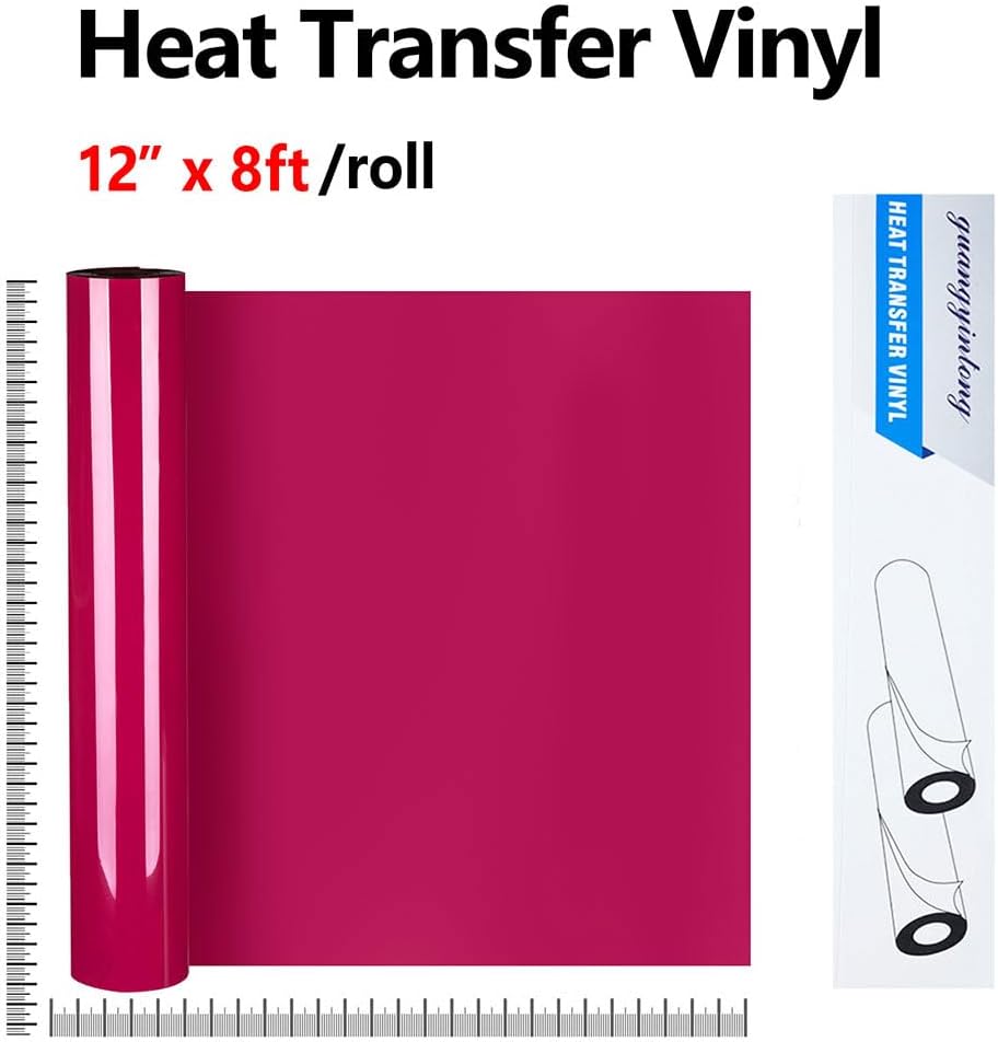 guangyintong Rose Red Heat Transfer Vinyl HTV Rolls, 12" x 8ft Rose Red Iron on Vinyl for T-Shirts Glossy Surface Rose Red HTV Vinyl for All Cutter Machines Easy to Cut & Weed for Heat Vinyl Design