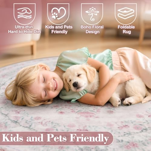 Pink Washable Round Rugs 6ft (28.27 Sq Ft)