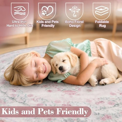 Pink Washable Round Rugs 6ft (28.27 Sq Ft)