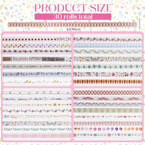 30 Rolls Pastel Floral Washi Tape Set (30 Count)