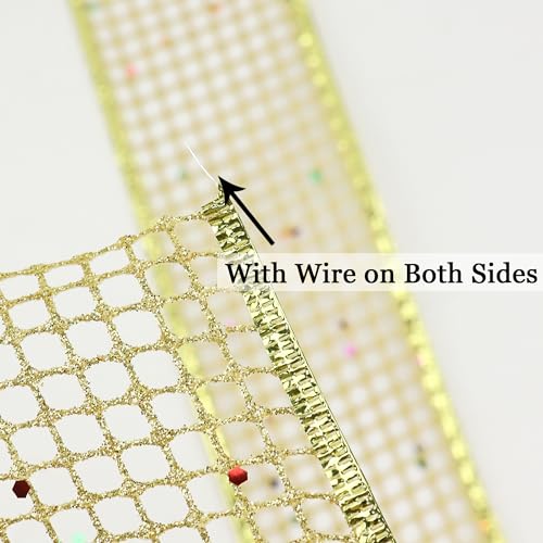 Gold Glitter Christmas Ribbon 2.5 Inch Square Mesh Net Wired Ribbons with Rainbow Sparkle Wired Ribbons Gold Ribbon for Christmas Tree Decoration (30 Foot)