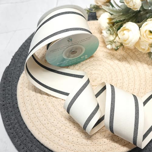 Ivory Cotton Black Stripes Ribbon 2" x 10 Yards for Home Décor Gift Present Wrapping DIY Crafts Birthday Wedding Bouquet Christmas (30 Foot)