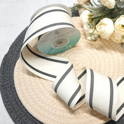 Ivory Cotton Black Stripes Ribbon 2" x 10 Yards for Home Décor Gift Present Wrapping DIY Crafts Birthday Wedding Bouquet Christmas (30 Foot)