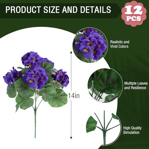 12 Pcs Artificial Geranium Flowers for Outdoors Geranium Silk Flowers Outdoor UV Resistant Garden Plants Faux Flowers for Home Kitchen Table Centerpieces Decor