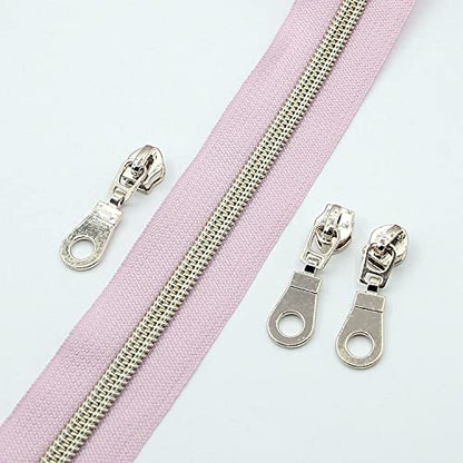 5 Metallic Nylon Coil Zippers by The Yard Bulk 10 Yards Light Gold Teeth Zipper Pink Tape with 25pcs Gold Sliders for DIY Sewing Tailor Craft Bag