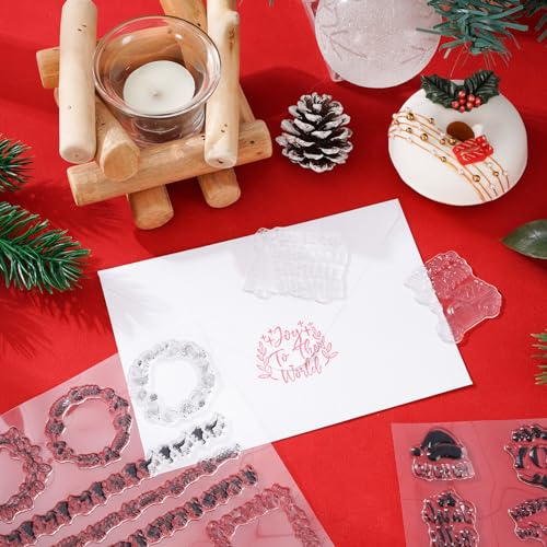 5 Sheet Christmas Clear Stamps Wreath Snowman Gnome Silicone Transparent Stamps Greeting Words Border Stamp Cards for DIY Craft Card Making Scrapbooking Embossing Album Decor (5 Count)