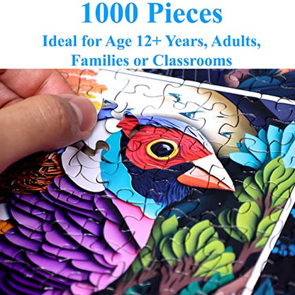 Colorful Birds 1000 Pieces Jigsaw Puzzle. Paper Cut Craft Style. Fun for Teens
