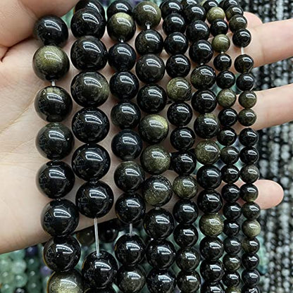 AAA Natural Gold Obsidian Gemstone Beads Energy Healing Power Stones Round Loose Beads for Jewelry Making (16 Count)