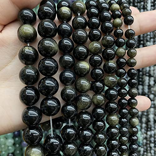 AAA Natural Gold Obsidian Gemstone Beads Energy Healing Power Stones Round Loose Beads for Jewelry Making (16 Count)