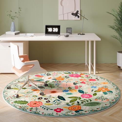 Round Rug 6ft Washable Circle Rug Non Slip Low Pile Boho Floral Small Circular Rug for Bedroom