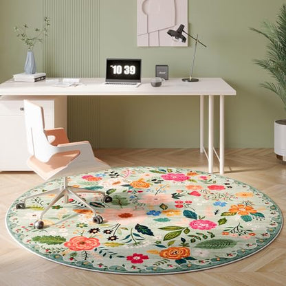 Round Rug 6ft Washable Circle Rug Non Slip Low Pile Boho Floral Small Circular Rug for Bedroom