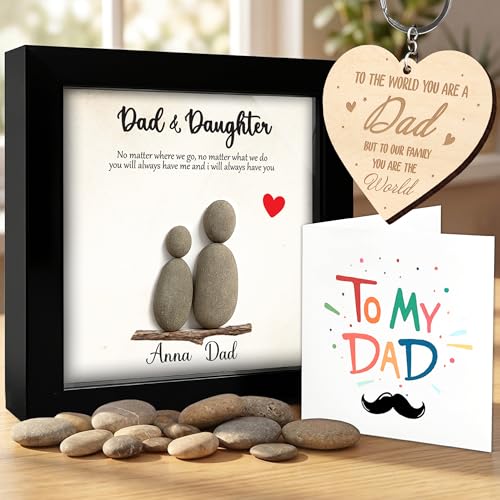 Personalized Dad Pebble Wooden Frame with Ornament Custom Father & Daughter Natural Stone with Meaningful Quote Best Dad Ever Gifts Fathers Day for Father Grandpa Family Keepsake Plaque for Family