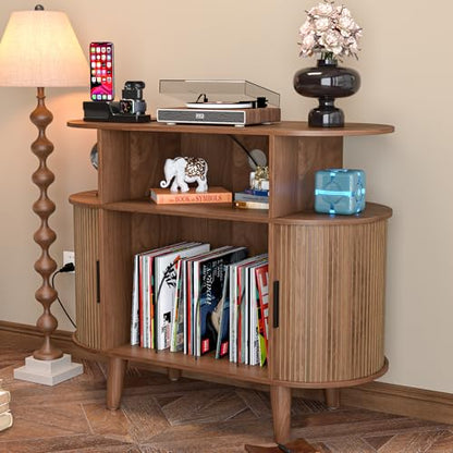 Large Round Record Player Stand with Charging Station & USB Ports
