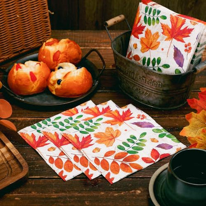 60 Pcs Fall Leaves Cocktail Paper Napkins 6.5 x 6.5 Inches (60 Count)