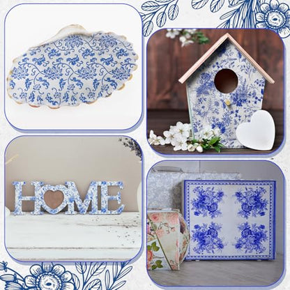 36 Pack 9 Styles Decoupage Napkins Blue and White Floral Napkins (36 Count)