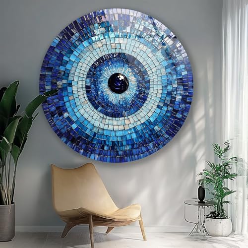 39,4''(100cm) Diameter Blue Mosaic Evil Eye Round Glass Wall Art Tempered Glass Printing Wall Decor Large Wall Art Wall Hangings