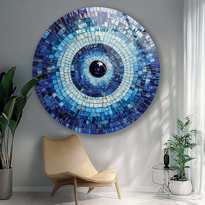 39,4''(100cm) Diameter Blue Mosaic Evil Eye Round Glass Wall Art Tempered Glass Printing Wall Decor Large Wall Art Wall Hangings