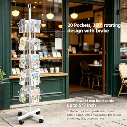 White Greeting Card Display Rack Rotating Flyer Stand 20 Pocket