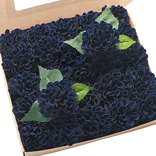 Artificial Dahlia Flowers 25pcs Real Looking Navy Blue Foam Fake Roses with Stems for DIY Wedding Bouquets Bridal Shower Centerpieces Floral Arrangements Party Tables Home Decoration (25 Count)
