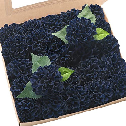Artificial Dahlia Flowers 25pcs Real Looking Navy Blue Foam Fake Roses with Stems for DIY Wedding Bouquets Bridal Shower Centerpieces Floral Arrangements Party Tables Home Decoration (25 Count)