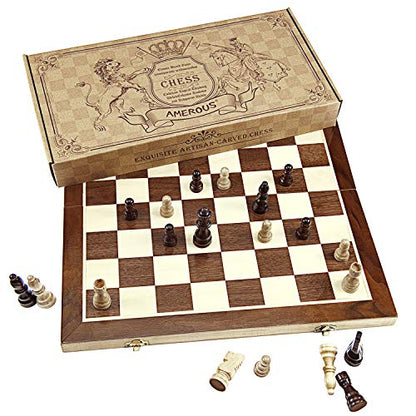Chess Set 15"x15" Folding Magnetic Wooden Standard Chess Game Board Set with Wooden Crafted Pieces and Chessmen Storage Slots