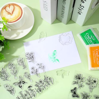 5 Sheets Wildflower Clear Stamps Floral Leaves Butterfly Silicone Transparent Stamps for DIY Craft Card Making Scrapbooking Embossing Album Decor (5 Count)
