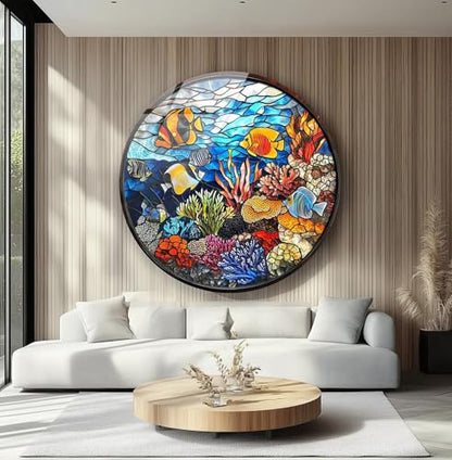 10''(25cm) Diameter Coral Reef Mosaic Round Glass Wall Art Tempered Glass Printing Wall Decor Large Wall Art Wall Hangings