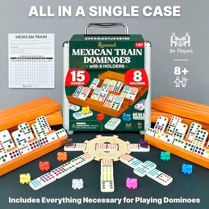 Mexican Train Dominoes Set Double 15 with 8 Holders